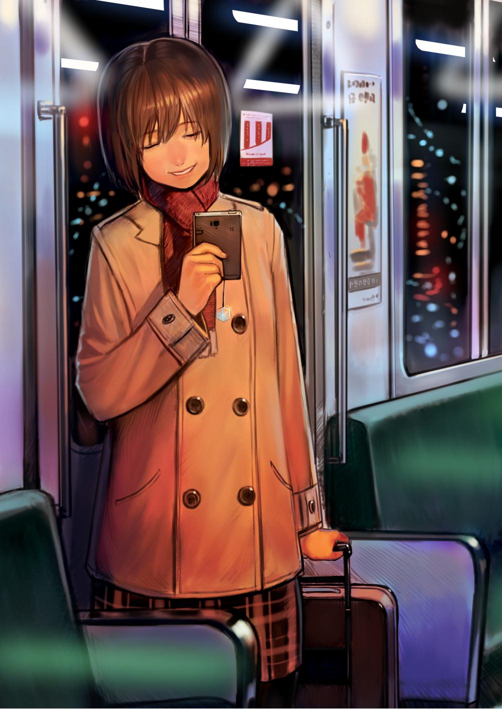 1girl bangs brown_bag brown_hair brown_jacket brown_skirt bukimi_isan buttons cellphone closed_eyes commentary_request cowboy_shot double-breasted hagiwara_yukiho highres holding holding_phone idolmaster idolmaster_(classic) jacket long_sleeves night phone plaid plaid_skirt red_scarf scarf short_hair skirt smartphone smile solo standing train_interior