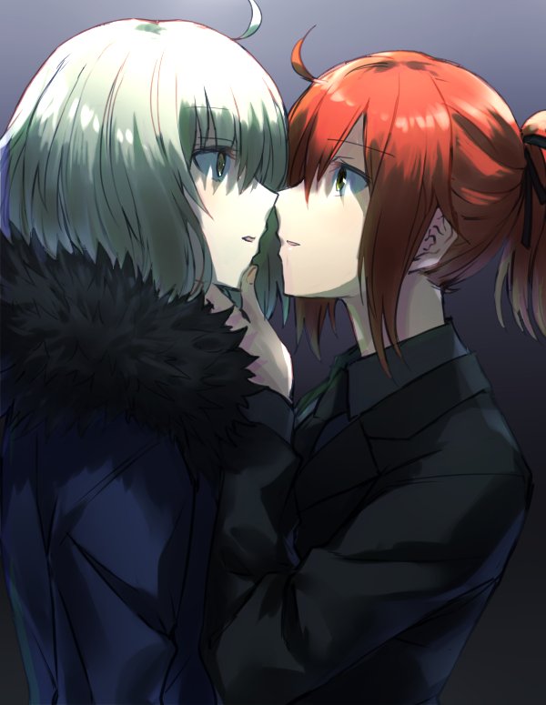 2girls ahoge eye_contact eyebrows_visible_through_hair face-to-face fate/grand_order fate_(series) fujimaru_ritsuka_(female) fur-trimmed_jacket fur_trim gradient gradient_background hand_on_another's_chin jacket jeanne_d'arc_(alter)_(fate) jeanne_d'arc_(fate)_(all) looking_at_another multiple_girls necktie orange_hair ponytail silver_hair somechime_(sometime1209) suit_jacket yellow_eyes yuri