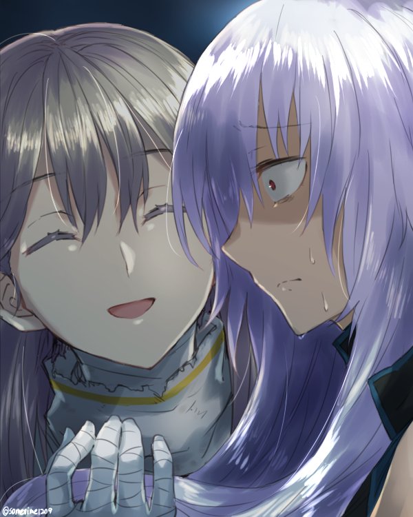 2girls bandaged_hands bandages closed_eyes commentary_request constricted_pupils multiple_girls open_mouth original purple_hair red_eyes shaded_face silver_hair smile somechime_(sometime1209) sweat twitter_username