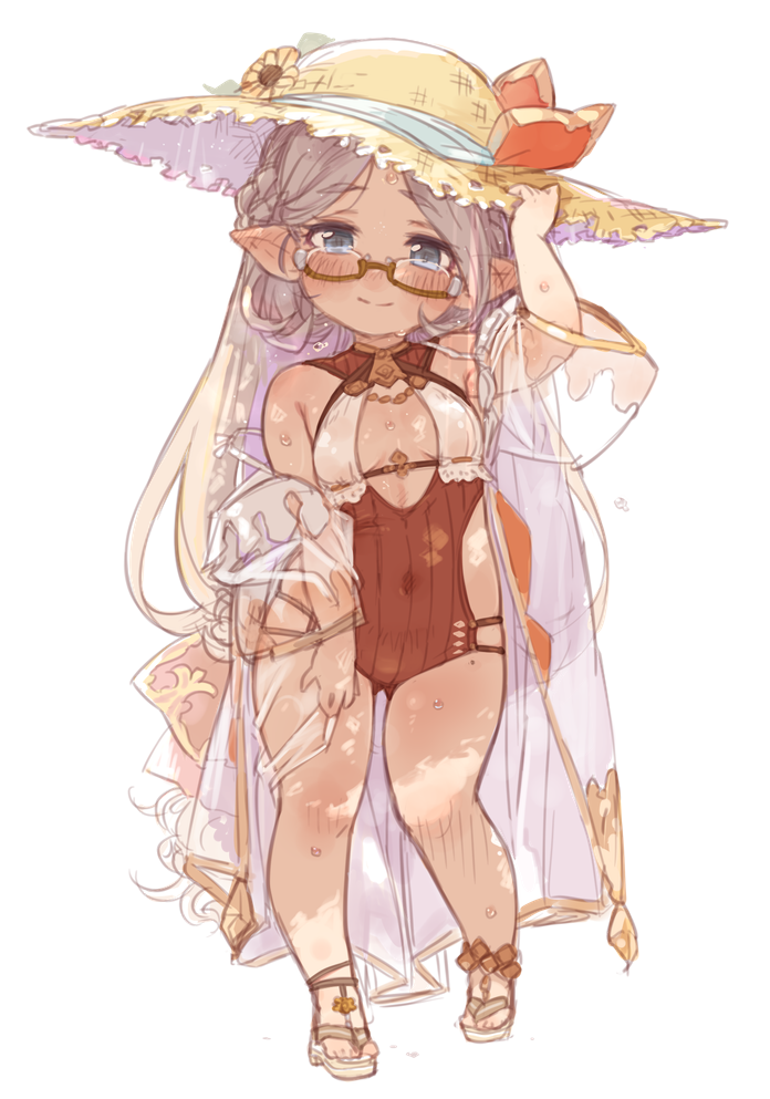 1girl 7010 bare_shoulders blue_eyes blush breasts breasts_apart brown_swimsuit cleavage_cutout clothing_cutout covered_navel eyebrows_visible_through_hair flower full_body glasses granblue_fantasy grey_hair hand_on_own_thigh hat head_tilt holding holding_clothes holding_hat looking_at_viewer one-piece_swimsuit pointy_ears sandals semi-rimless_eyewear short_sleeves simple_background small_breasts smile solo split_mouth standing standing_on_one_leg straw_hat sweat swimsuit under-rim_eyewear white_background zahlhamelina