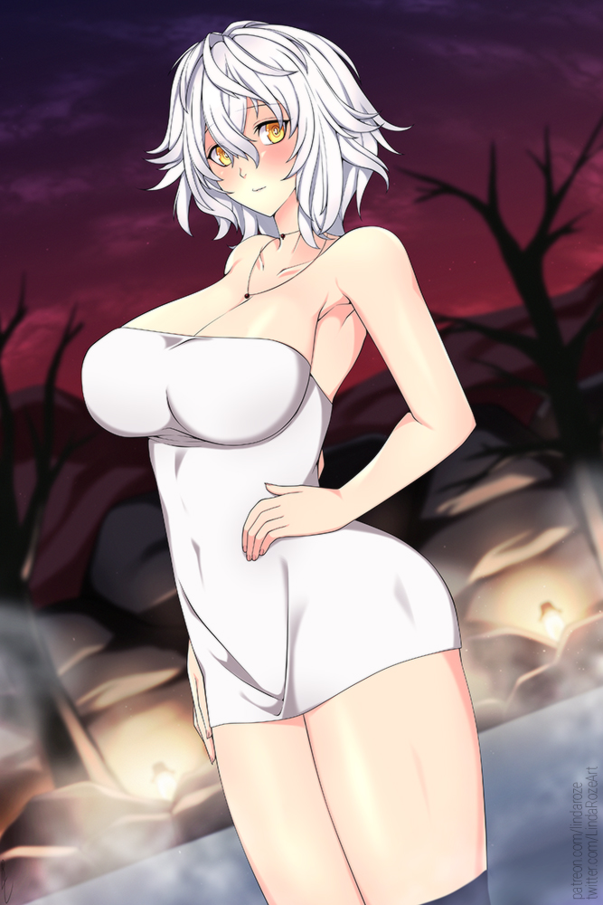 1girl armpits artist_name bare_shoulders blush breasts code_vein collarbone dusk eyebrows_visible_through_hair hand_on_hip in_water io_(code_vein) jewelry large_breasts lindaroze looking_at_viewer naked_towel necklace onsen patreon_username short_hair signature solo thighs towel twitter_username water wet white_hair yellow_eyes