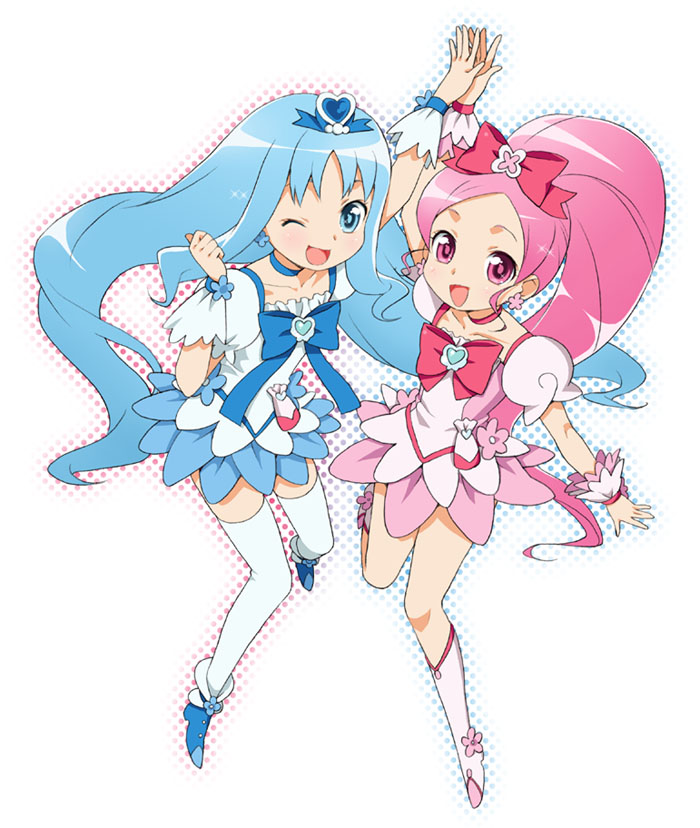 blue_eyes blue_hair cure_blossom cure_marine earrings futari_wa_pretty_cure hair_ornament hanasaki_tsubomi heart heartcatch_precure! heartcatch_pretty_cure! jewelry kurumi_erika long_hair magical_girl mattaku_mosuke multiple_girls pink_eyes pink_hair ponytail precure thigh-highs thighhighs very_long_hair wink