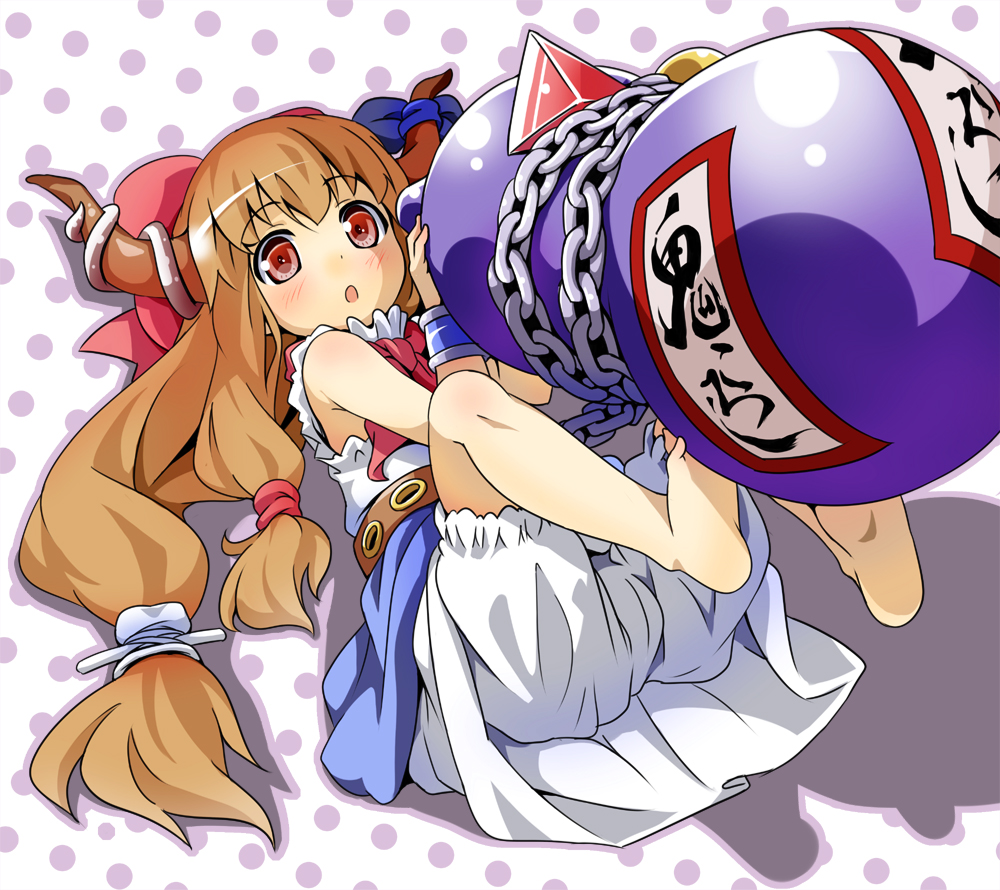 :o barefoot blonde_hair bloomers blush bow chain chains feet gourd hair_bow holding horns ibuki_suika legs_up long_hair lying on_back oversized_object red_eyes rozen5 solo touhou