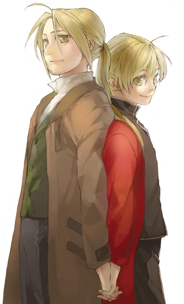 alphonse_elric back-to-back back_to_back blonde_hair brothers conqueror_of_shambala edward_elric fullmetal_alchemist hand_holding holding_hands long_hair male noako siblings simple_background smile standing white_background yellow_eyes