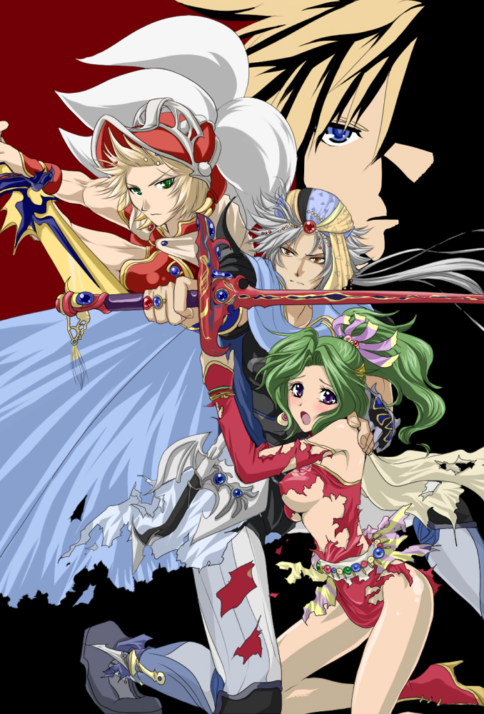 3boys :o armor bandana bare_shoulders belt blonde_hair blue_eyes blush boots breasts brown_eyes brown_hair cape chona cloud_strife dagger detached_sleeves dissidia_012_final_fantasy dissidia_final_fantasy female final_fantasy final_fantasy_ii final_fantasy_iii final_fantasy_unlimited final_fantasy_vi final_fantasy_vii frioniel green_eyes green_hair grey_hair hair_ribbon hand_on_shoulder helmet high_heels jewelry kneeling knight leotard long_hair male midriff onion_knight open_mouth orange_eyes pants parody ponytail purple_eyes red_eyes ribbon ring serious shoes short_hair spiky_hair surprised sword tina_branford torn_clothes underboob violet_eyes weapon
