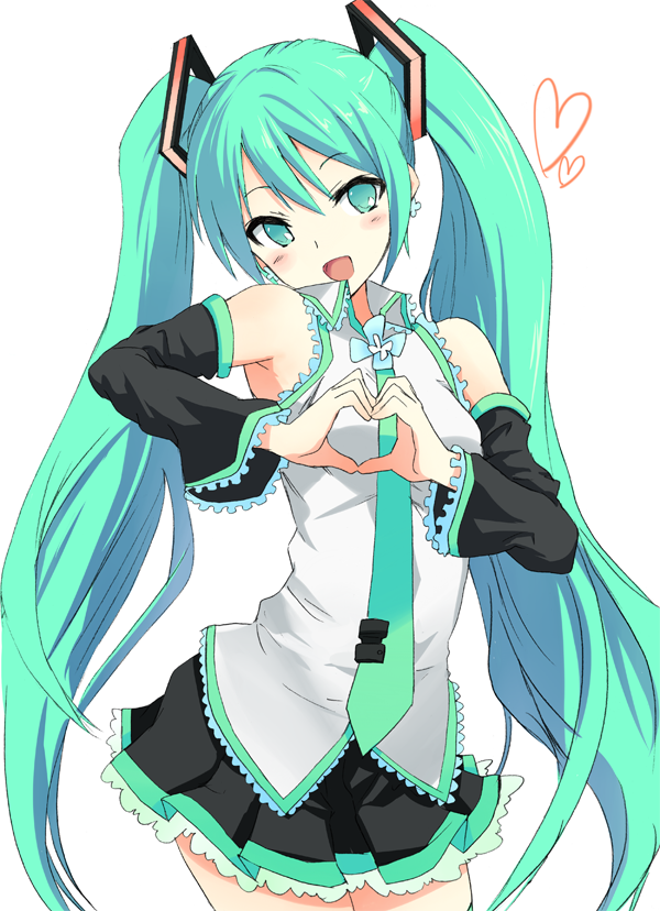 aqua_eyes aqua_hair armpits blush detached_sleeves hatsune_miku heart heart_hands hyakuen_raitaa long_hair necktie open_mouth parody shugo_chara! simple_background skirt smile solo twintails very_long_hair vocaloid