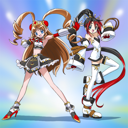 armpits bare_shoulders black_hair blue_eyes boots brown_hair crop_top crown cure_blossom cure_white detached_sleeves drill_hair fingerless_gloves flat_chest futari_wa_precure futari_wa_pretty_cure gloves hairpods happy heartcatch_precure! high_heels legs long_hair lowres midriff mizuki_nana multicolored_hair multiple_girls nanbu_kaguya neige_hausen parody ponytail pose precure red_hair seiyuu_connection shoes short_dress skirt smile standing_on_one_leg super_robot_wars super_robot_wars_og_saga_mugen_no_frontier super_robot_wars_og_saga_mugen_no_frontier_exceed thighhighs twin_drills twintails two-tone_hair very_long_hair white_legwear yukana zettai_ryouiki