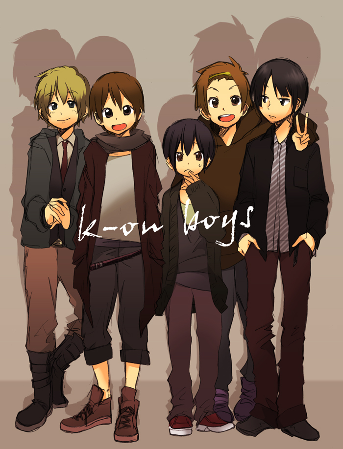 5boys akiyama_mio bad_id black_hair blonde_hair brown_eyes brown_hair casual english forehead frown genderswap hairband hero_(pixiv) hirasawa_yui k-on! kotobuki_tsumugi male multiple_boys nakano_azusa necktie open_mouth short_hair simple_background smile tainaka_ritsu