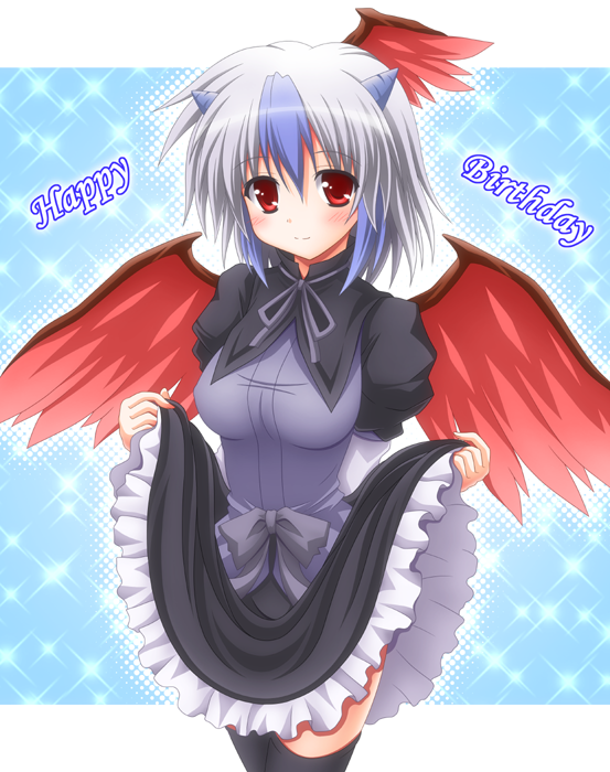 artist_request blush breasts dress dress_lift head_wings headwings horns large_breats multicolored_hair nagana_sayui red_eyes short_hair smile solo source_request thighhighs tokiko_(touhou) touhou two-tone_hair wings