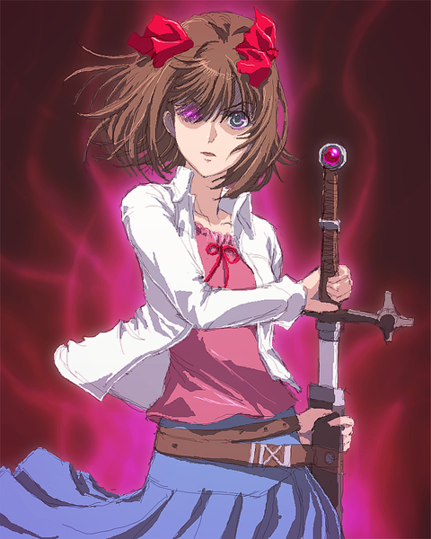 brown_hair casual glowing glowing_eyes hair_ribbon idolmaster matsudo_aya parody ribbon romancing_saga saga sketch sword weapon