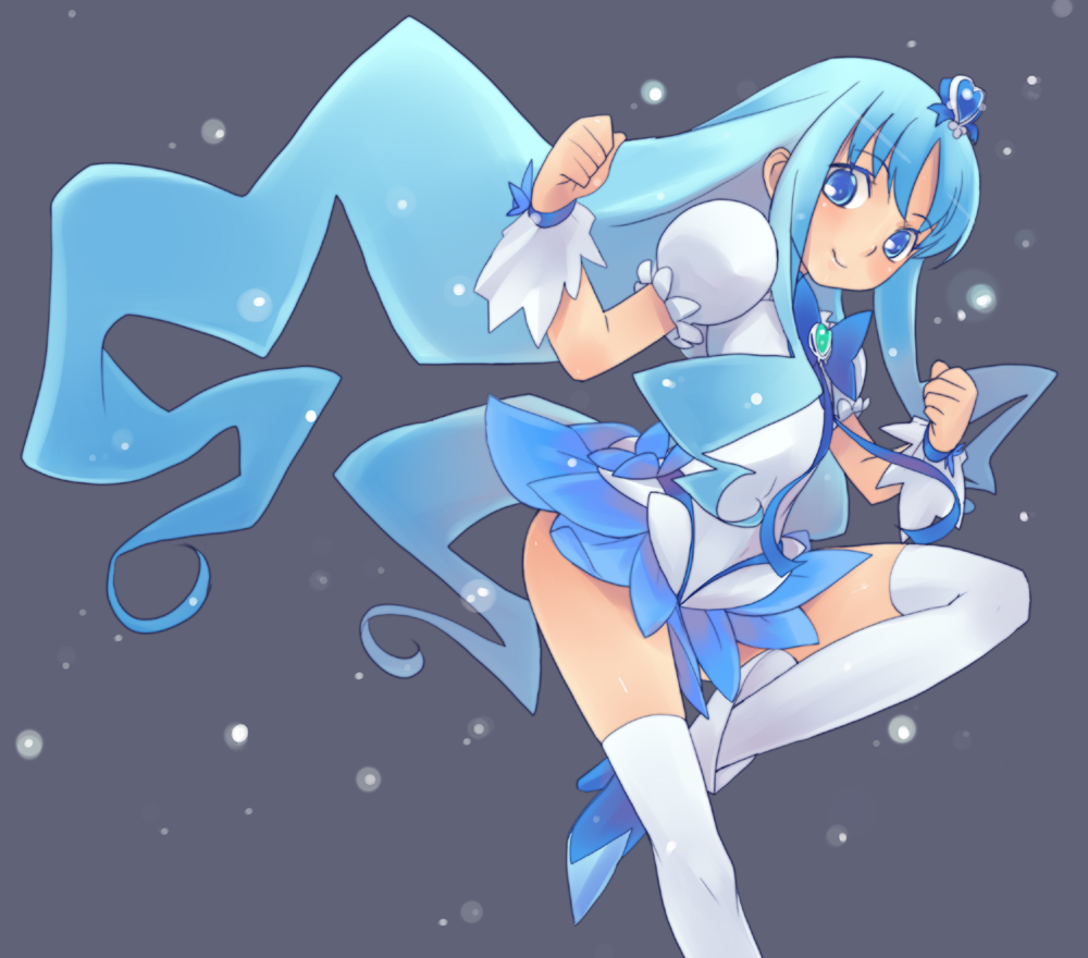 bad_id blue blue_eyes blue_hair cure_marine futari_wa_pretty_cure grey_background heartcatch_precure! heartcatch_pretty_cure! koma_(artist) kurumi_erika long_hair magical_girl precure smile solo thigh-highs thighhighs very_long_hair white_legwear white_thighhighs