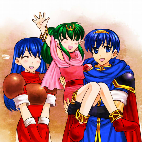 armor blue_eyes blue_hair blush bracelet cape chiki closed_eyes fingerless_gloves fire_emblem fire_emblem:_mystery_of_the_emblem fire_emblem_mystery_of_the_emblem gloves green_hair hair_ornament jewelry long_hair marth open_mouth pointy_ears ponytail scarf sheeda smile