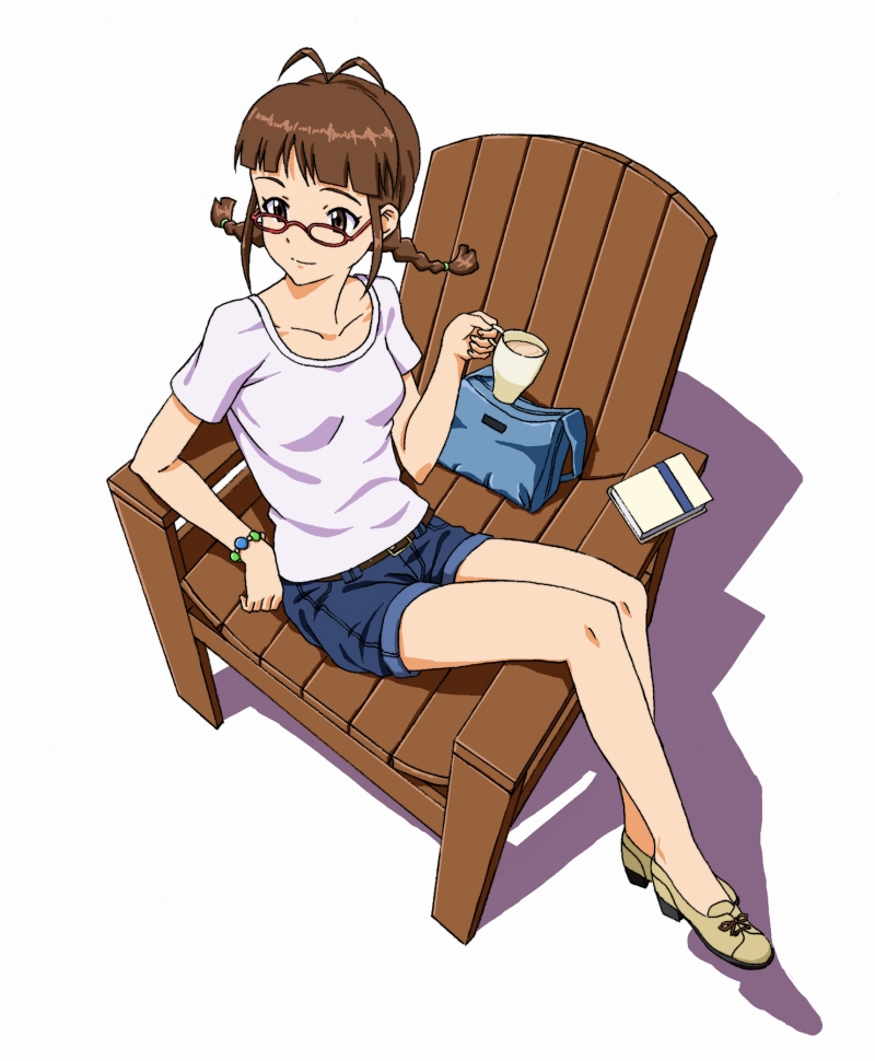 book bracelet brown_hair casual chair cup glasses idolmaster jewelry kaimu_(pixiv) legs shorts simple_background sitting sitting_sideways solo