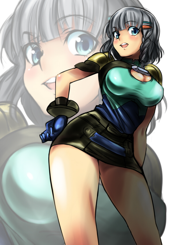 braid breasts character_request cleavage from_below gloves grey_hair hairclip hand_on_hip mas miniskirt seolla_schweizer short_hair silver_hair single_braid skirt solo super_robot_wars zoom_layer