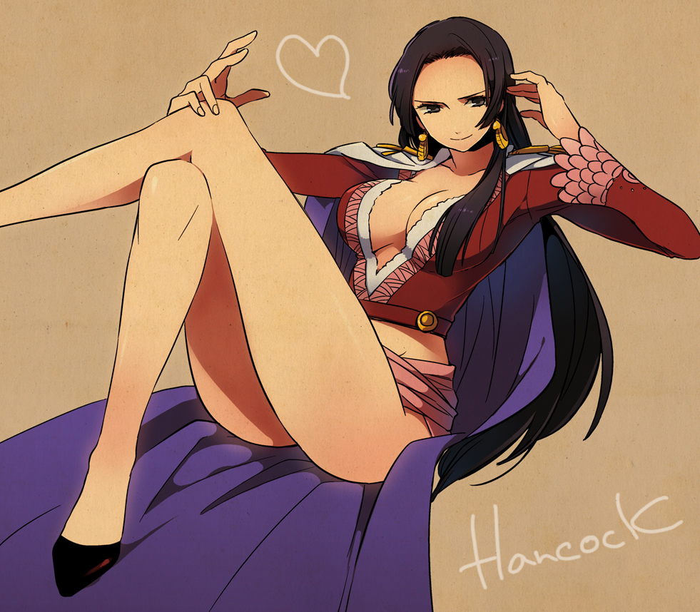 artist_request bare_legs black_eyes black_hair boa_hancock breasts brown_background cape character_name cleavage crossed_legs earrings epaulettes eterno high_heels jewelry large_breasts legs long_hair long_legs no_bra one_piece shoes sitting thighs