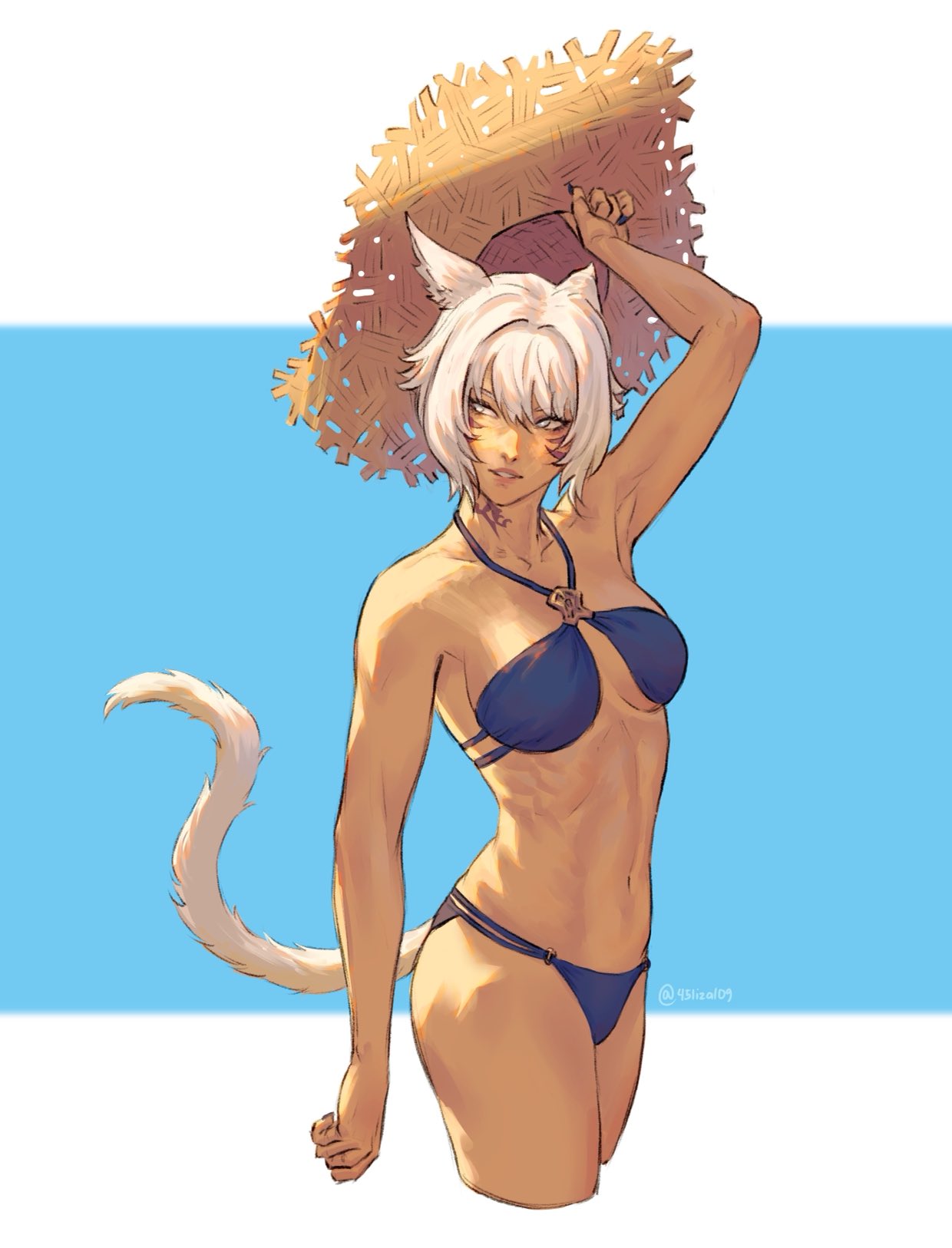 1girl 45liza109 animal_ears bangs bikini blue_bikini breasts cat_ears cat_tail cropped_legs dark-skinned_female dark_skin facial_mark final_fantasy final_fantasy_xiv grey_eyes highres looking_to_the_side medium_breasts miqo'te navel neck_tattoo short_hair simple_background solo swimsuit tail tattoo two-tone_background whisker_markings white_hair y'shtola_rhul