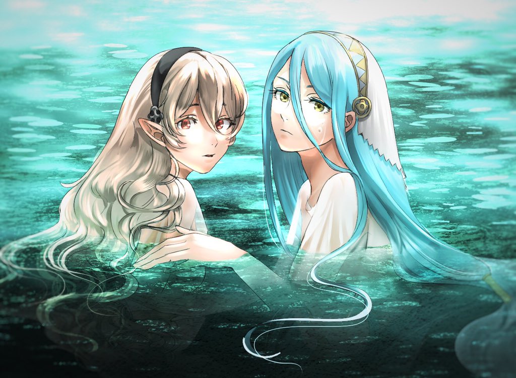 2girls azura_(fire_emblem) bangs bathing bavaa black_headband blue_hair closed_mouth commentary corrin_(fire_emblem) corrin_(fire_emblem)_(female) fire_emblem fire_emblem_fates grey_hair hair_between_eyes hair_tubes headband in_water long_hair looking_at_viewer manakete multiple_girls panties parted_bangs partially_submerged pointy_ears red_eyes shirt underwear veil very_long_hair water wet wet_clothes wet_hair wet_shirt white_shirt white_veil yellow_eyes