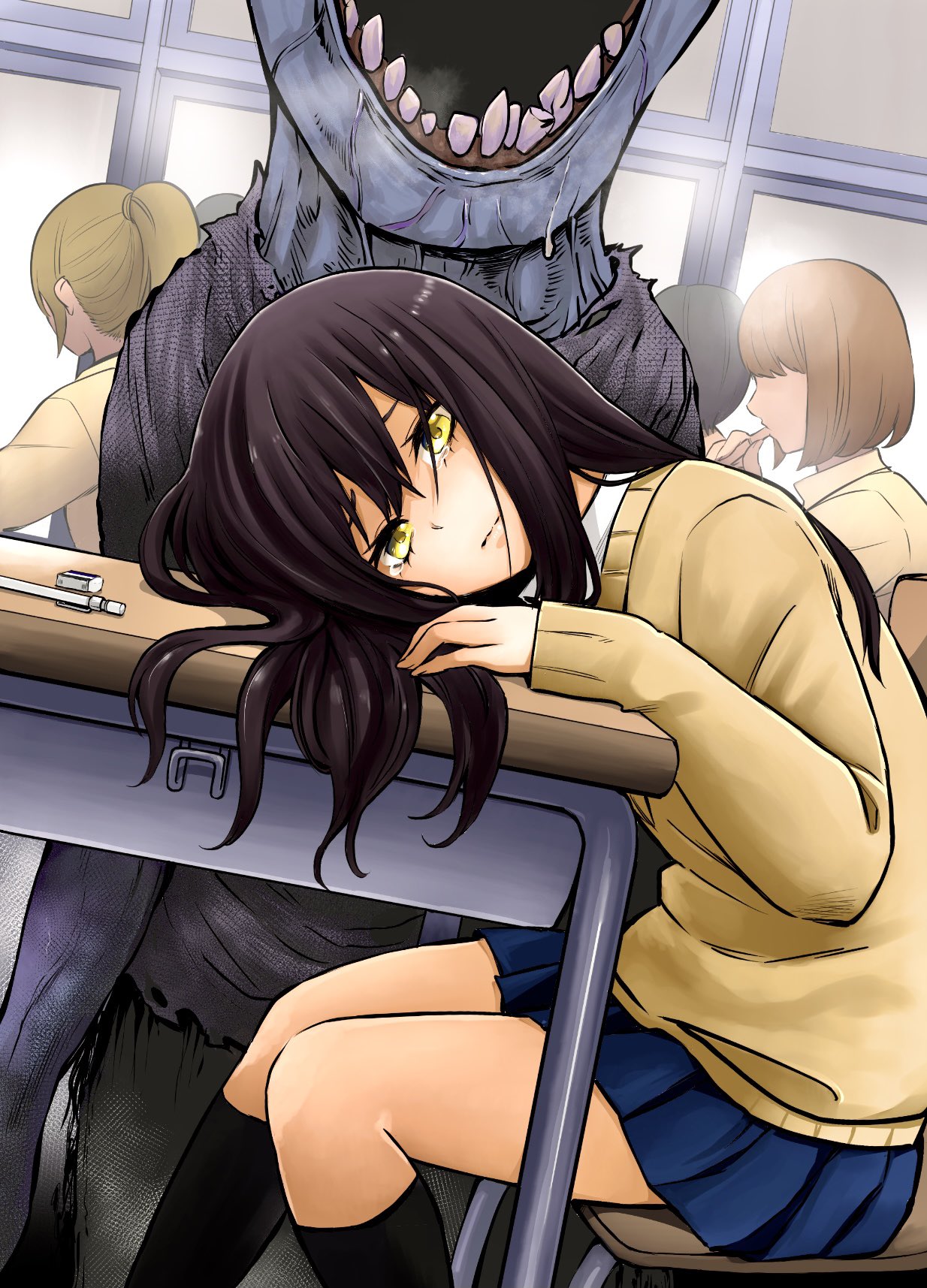 1other 3girls black_hair blue_skirt classroom closed_mouth cover cover_page desk dutch_angle eraser ghost head_on_table highres indoors izumi_(toubun_kata) kneehighs long_hair manga_cover mieruko-chan miniskirt monster multiple_girls necktie official_art pen pleated_skirt scared school_desk school_uniform shirt skirt sweater tears white_shirt yellow_eyes yotsuya_miko