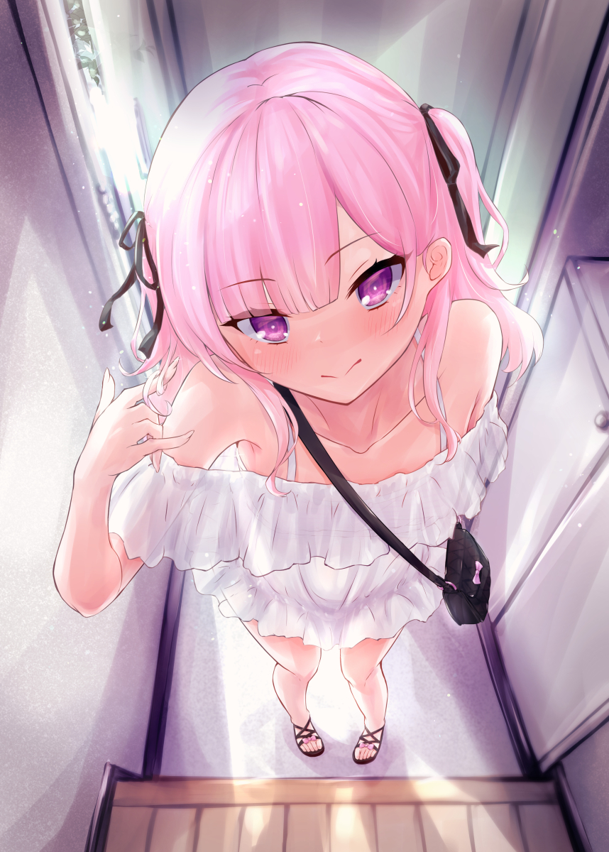 1girl arm_up bag bush door dress foreshortening from_above hair_twirling hallway highres indoors long_hair looking_at_viewer looking_up nukuiru_susu original pink_eyes pink_hair ribbon sandals smile solo sundress two_side_up white_dress