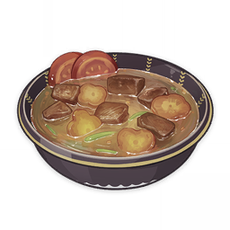 artist_request bowl carrot commentary english_commentary food food_focus genshin_impact lowres meat muted_color no_humans official_art stew still_life third-party_source tomato transparent_background