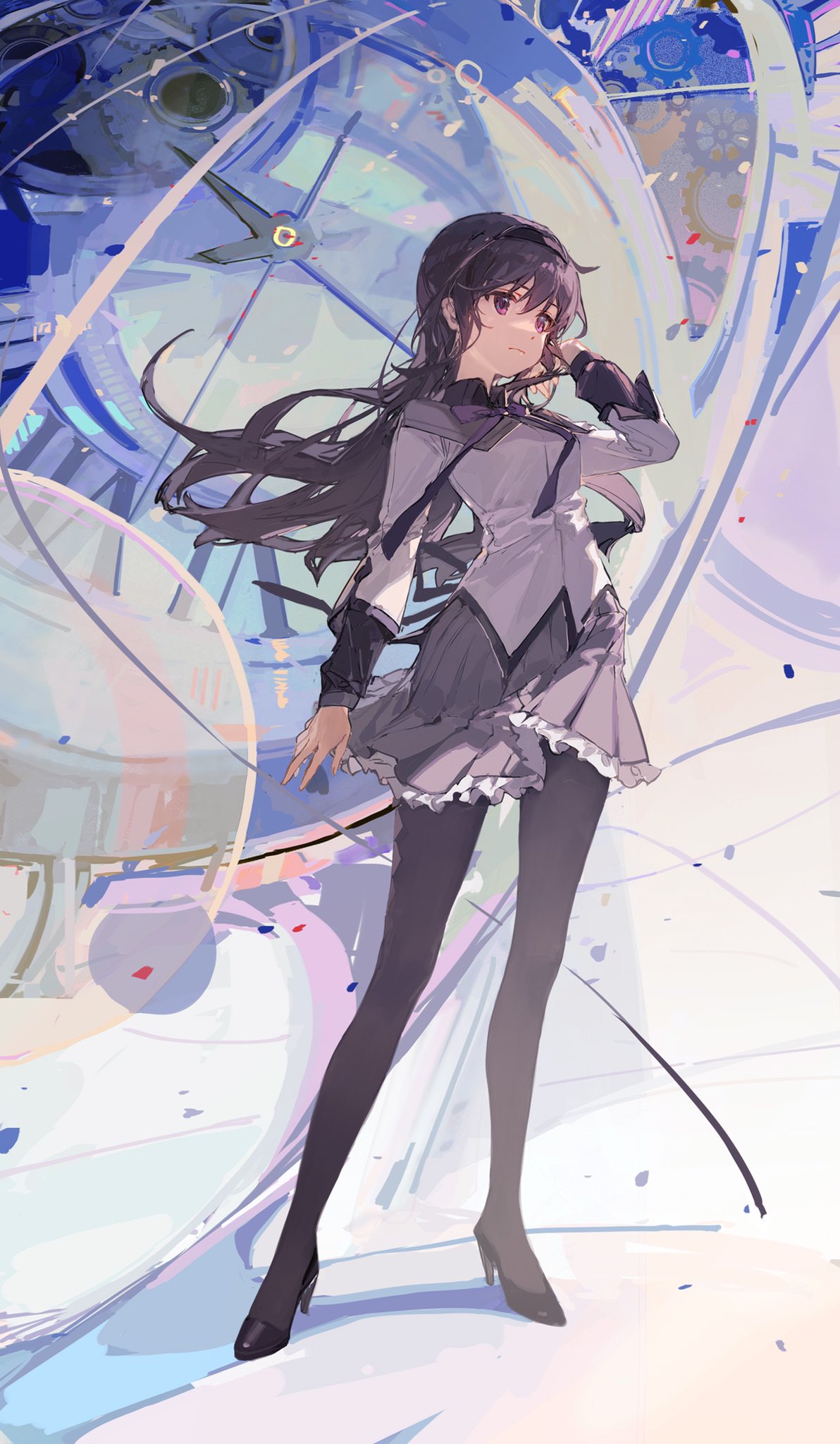 1girl akemi_homura argyle argyle_legwear black_hair capelet ciloranko hairband high_heels highres long_hair magical_girl mahou_shoujo_madoka_magica pantyhose pleated_skirt skirt solo violet_eyes