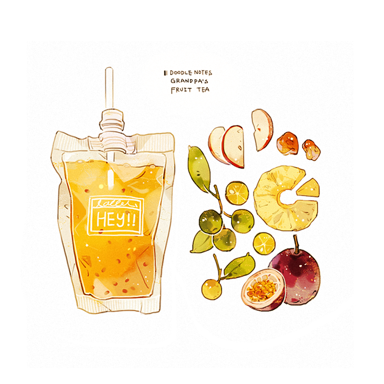 apple commentary cyannism drink english_commentary english_text food food_focus fruit lime_(fruit) no_humans original passion_fruit pineapple simple_background tea white_background