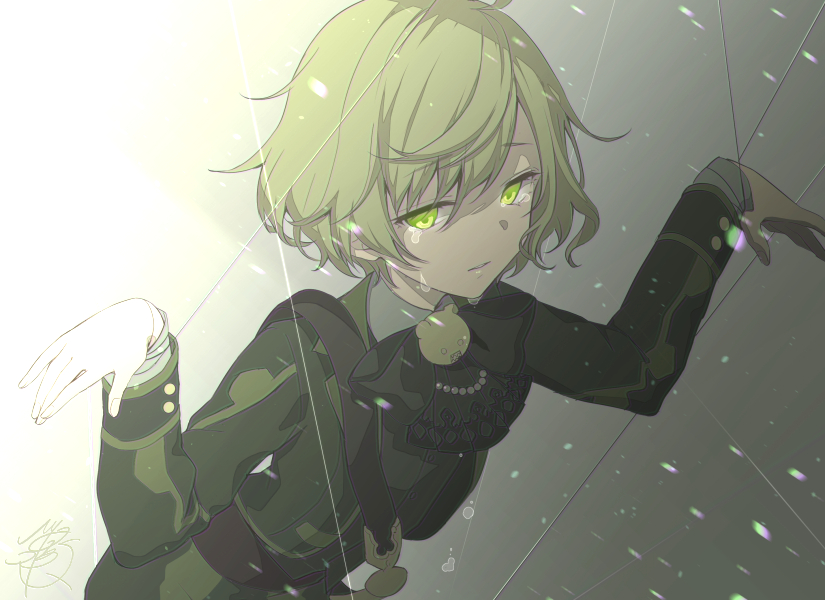 1boy ahoge ascot belt bound bow bowtie crying crying_with_eyes_open eyebrows_visible_through_hair green_eyes green_hair hinata_mizuiro looking_at_viewer male_focus parted_lips pinocchio_(sinoalice) puppet_strings sad short_hair signature sinoalice solo tears teeth tied_up