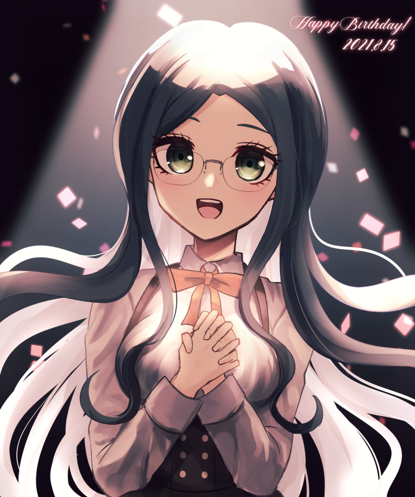 1girl :d alternate_hair_color bangs black_background black_hair breasts buttons collared_shirt commentary_request dangan_ronpa_(series) dangan_ronpa_v3:_killing_harmony dated double-breasted glasses green_eyes grey_background hands_clasped happy_birthday jacket large_breasts long_hair long_sleeves looking_at_viewer mikao_(eanv5385) multicolored_hair neck_ribbon open_mouth orange_ribbon own_hands_together ribbon rimless_eyewear shirogane_tsumugi shirt skirt smile solo upper_teeth white_hair