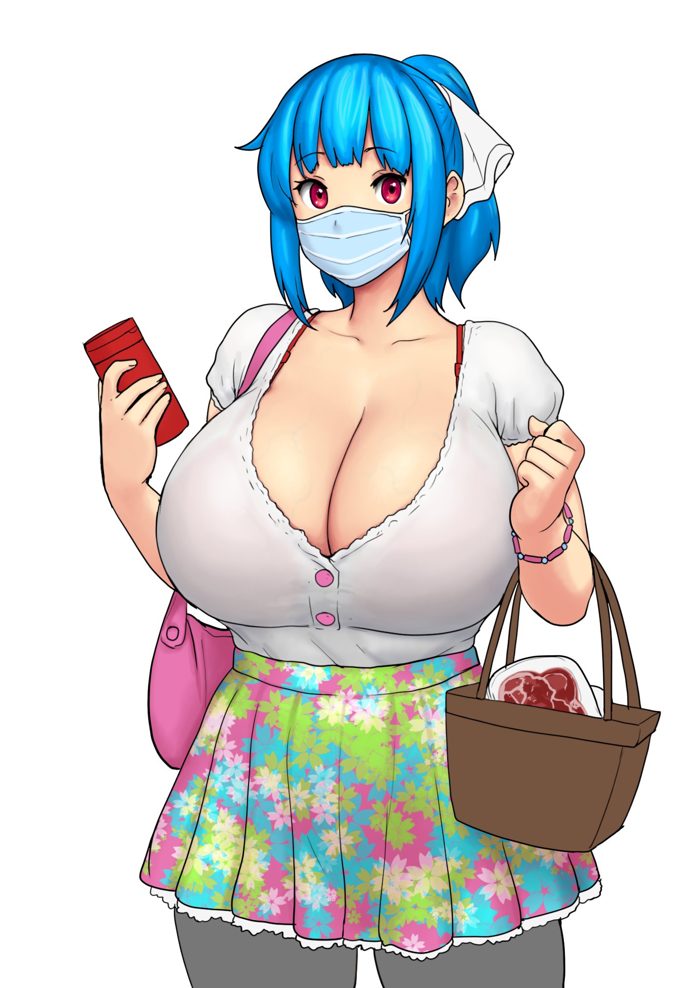 1girl bag basket black_legwear blue_hair breasts curvy deodorant erkaz floral_print food handbag highres looking_at_viewer mask meat mouth_mask original pantyhose red_eyes rina_atherina shopping shopping_basket skirt tied_hair white_background work_in_progress