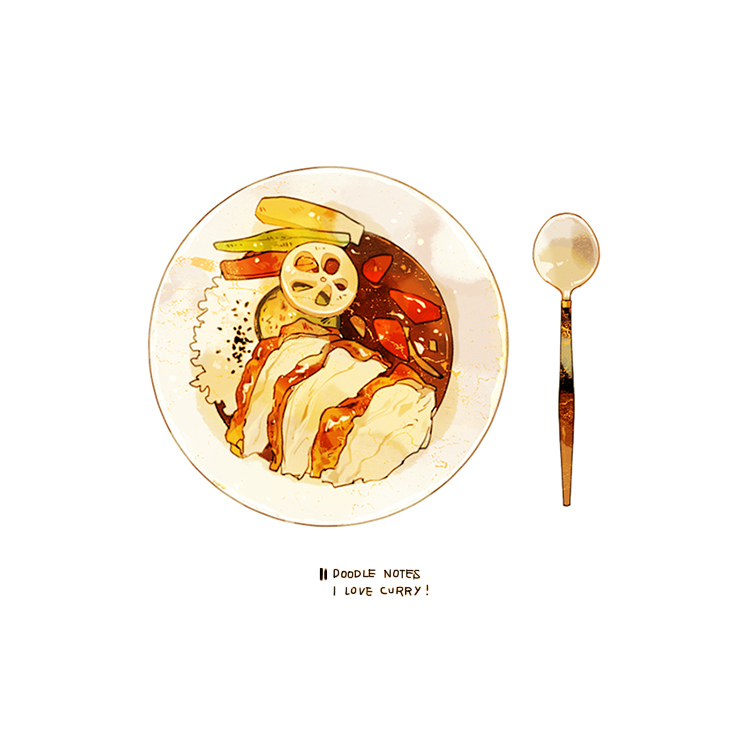 commentary curry cyannism english_commentary english_text food food_focus lotus_root meat no_humans original plate rice simple_background spoon white_background