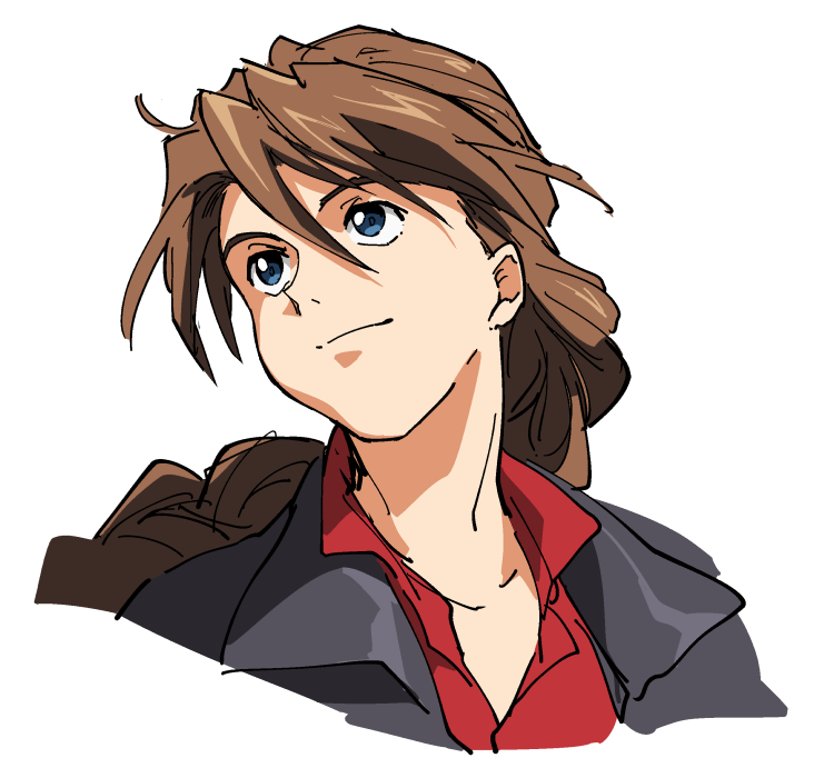 1boy black_jacket blue_eyes braid brown_hair collared_shirt duo_maxwell face gundam gundam_wing gundam_wing_endless_waltz hair_between_eyes hastune jacket long_hair male_focus portrait red_shirt shirt single_braid solo white_background