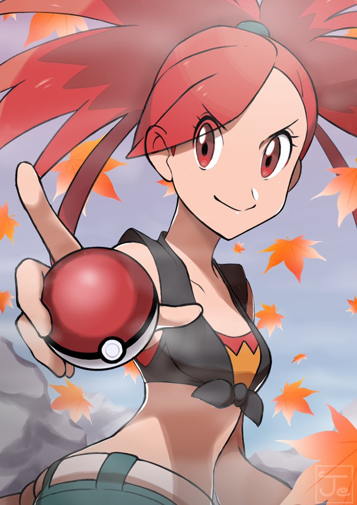 1girl autumn_leaves bare_arms black_shirt breasts closed_mouth collarbone commentary_request flannery_(pokemon) green_pants gym_leader hair_tie holding holding_poke_ball jeri20 long_hair midriff pants poke_ball poke_ball_(basic) pokemon pokemon_(game) pokemon_oras ponytail red_eyes redhead sash shirt sleeveless sleeveless_shirt smile solo tied_hair tied_shirt watermark