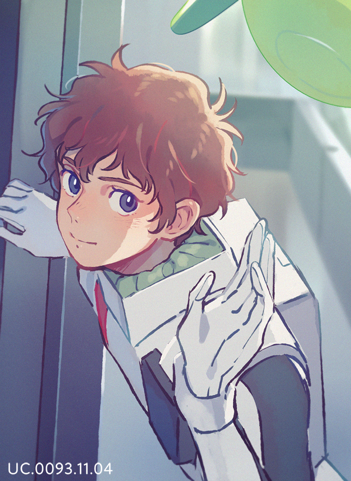 1boy amuro_ray bangs birthday blue_eyes brown_hair char's_counterattack closed_mouth curly_hair dated film_grain gundam haro indoors looking_at_another looking_at_viewer male_focus pilot_suit short_hair sideways_glance smile solo son_(skvnmn0) spacesuit waving zero_gravity