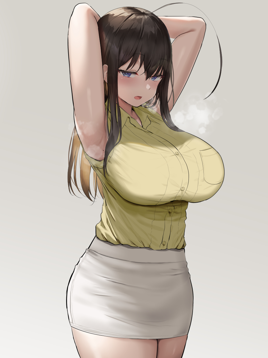 1girl ahoge armpits arms_up blue_eyes blush breasts brown_hair cowboy_shot heavy_breathing high-waist_skirt highres large_breasts long_hair mole oekakizuki open_mouth original pencil_skirt skirt solo thick_thighs thighs