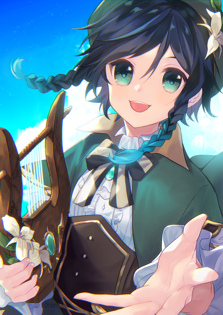 1boy androgynous bangs beret black_hair blue_hair bow braid brooch clouds cloudy_sky collared_cape collared_shirt commentary_request corset enoki_hatoko flower frilled_sleeves frills gem genshin_impact gradient_hair green_eyes green_headwear hat hat_flower highres holding holding_instrument instrument jewelry leaf long_sleeves looking_at_viewer lyre male_focus multicolored_hair open_mouth shirt short_hair_with_long_locks sidelocks simple_background sky smile solo twin_braids venti_(genshin_impact) white_flower white_shirt