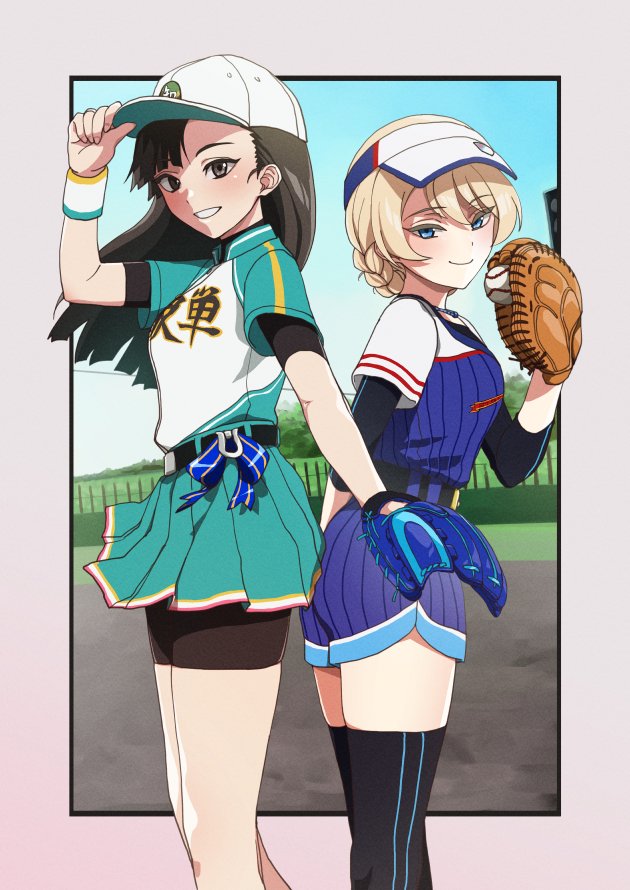 2girls asymmetrical_bangs ball bangs baseball baseball_cap baseball_mitt baseball_uniform black_hair blonde_hair blue_eyes border braid brown_eyes brown_hair darjeeling_(girls_und_panzer) field girls_und_panzer hand_on_headwear hat holding holding_ball kiya_hajime long_hair looking_at_viewer multiple_girls nishi_kinuyo short_hair sportswear straight_hair tied_hair twin_braids visor_cap white_border