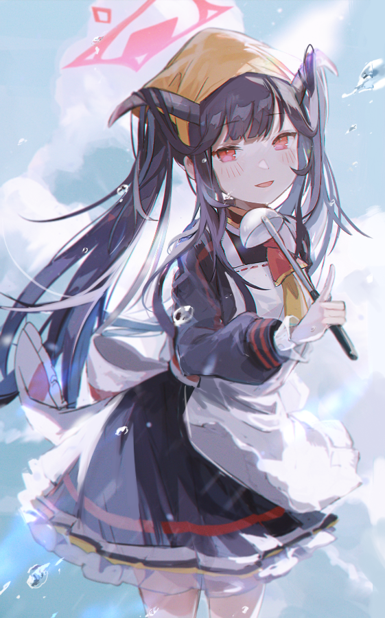 1girl black_hair blue_archive blush clouds commentary_request fuuka_(blue_archive) halo horns long_hair looking_at_viewer nuudoru open_mouth red_eyes school_uniform sky solo twintails water water_drop