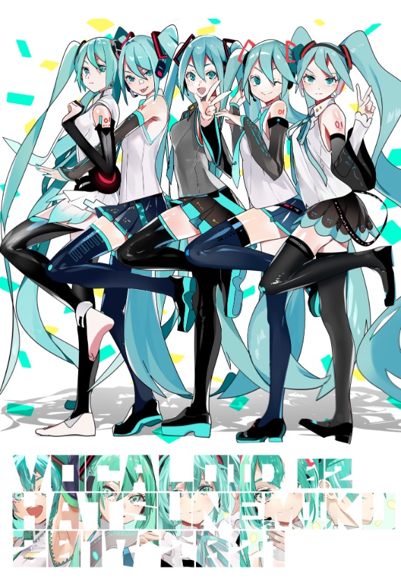 5girls :p aqua_eyes aqua_hair aqua_nails aqua_neckwear bare_shoulders barefoot belt black_legwear black_skirt black_sleeves boots commentary confetti copyright_name detached_sleeves from_side full_body grey_shirt hair_ornament hand_up hatsune_miku hatsune_miku_(nt) hatsune_miku_(vocaloid3) hatsune_miku_(vocaloid4) headphones headset higasizora-kai hip_gear layered_sleeves leg_up light_frown lineup long_hair looking_at_viewer miku_append miniskirt multiple_girls multiple_persona nail_polish neck_ribbon necktie one_eye_closed piapro pleated_skirt ribbon shadow shirt shoulder_tattoo skirt sleeveless sleeveless_shirt smile standing standing_on_one_leg tattoo thigh-highs thigh_boots tongue tongue_out twintails v v4x very_long_hair vocaloid vocaloid_append w white_background white_shirt white_sleeves zettai_ryouiki