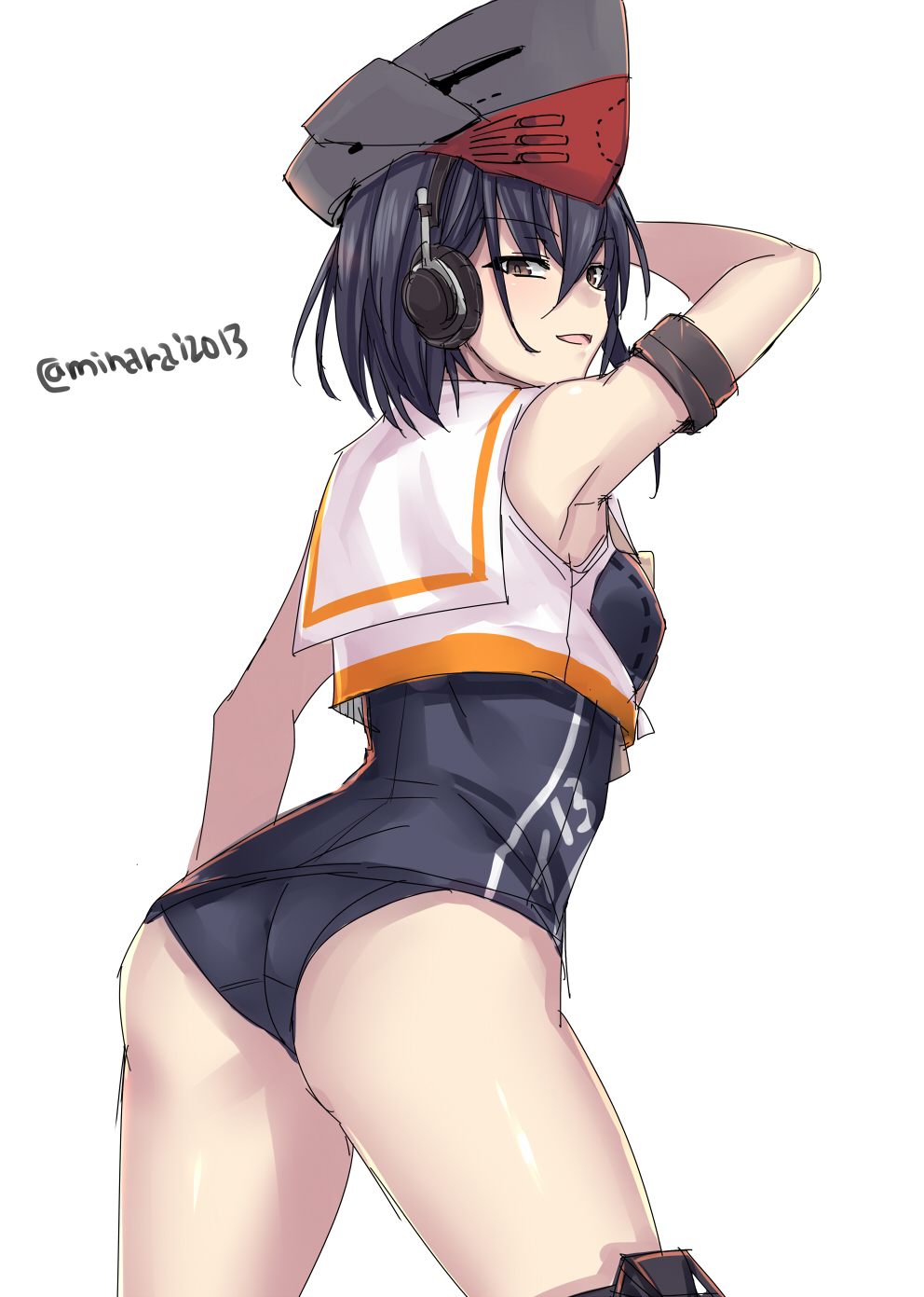 1girl ass asymmetrical_hair black_hair brown_eyes character_name cowboy_shot framed_breasts from_behind hair_between_eyes hat headphones highres i-13_(kancolle) kantai_collection minarai one-hour_drawing_challenge sailor_collar school_swimsuit short_hair simple_background solo standing swimsuit swimsuit_under_clothes twitter_username white_background