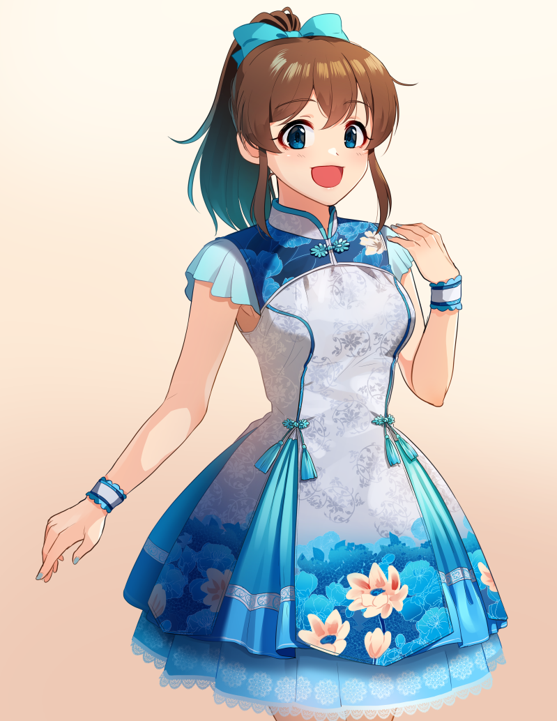 1girl :d bangs blue_bow blue_eyes bow brown_background brown_hair china_dress chinese_clothes commentary cowboy_shot dress eyebrows_visible_through_hair floral_print frilled_cuffs gradient gradient_background hair_bow high_collar idolmaster idolmaster_million_live! kamille_(vcx68) looking_at_viewer medium_hair open_mouth petticoat ponytail print_dress satake_minako short_dress sidelocks sleeveless sleeveless_dress smile solo standing