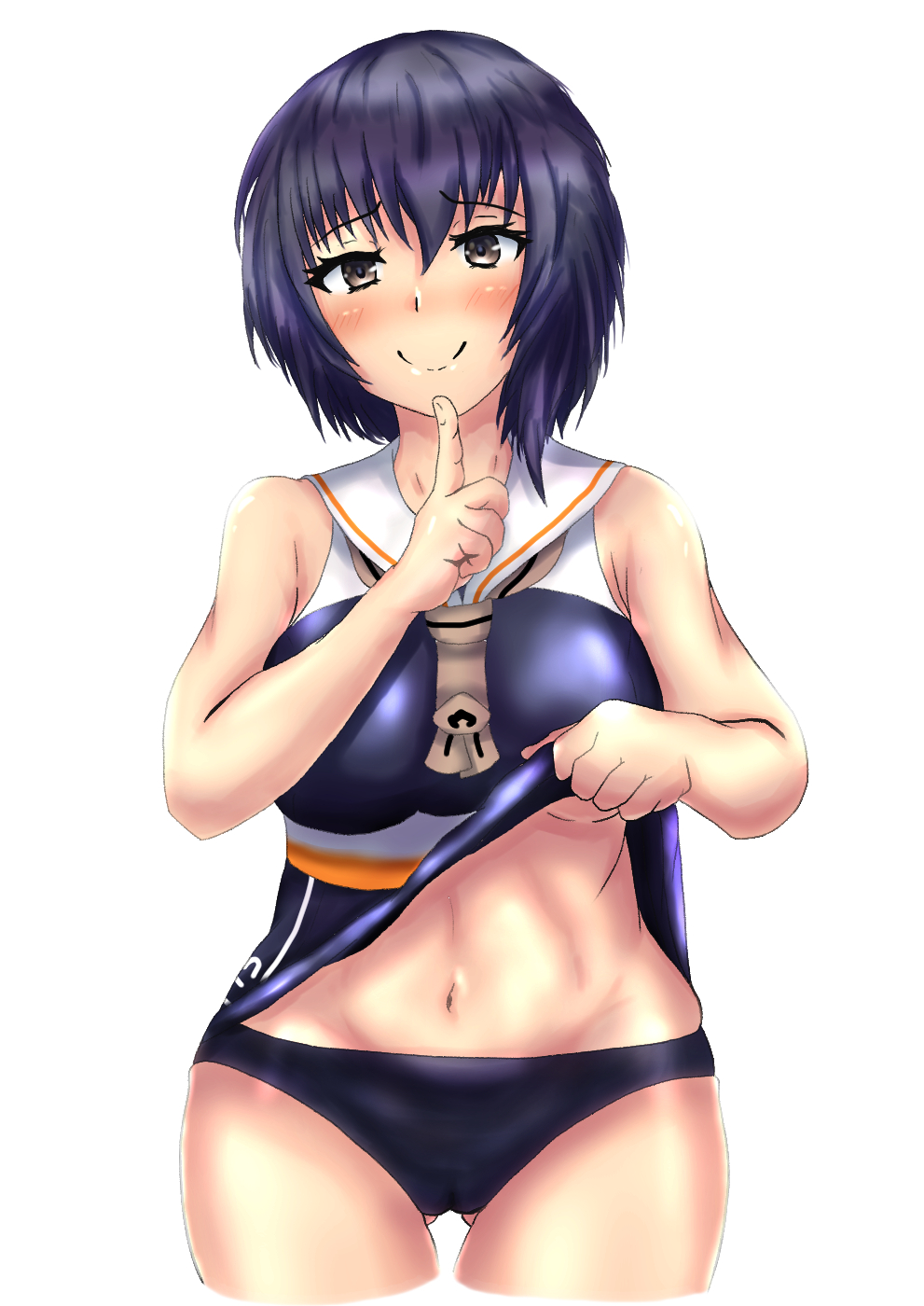 1girl asymmetrical_hair begiramagonn black_hair black_swimsuit breast_cutout breasts brown_eyes clothes_lift framed_breasts highres i-13_(kancolle) kantai_collection lifted_by_self medium_breasts navel school_swimsuit short_hair smile solo swimsuit swimsuit_lift