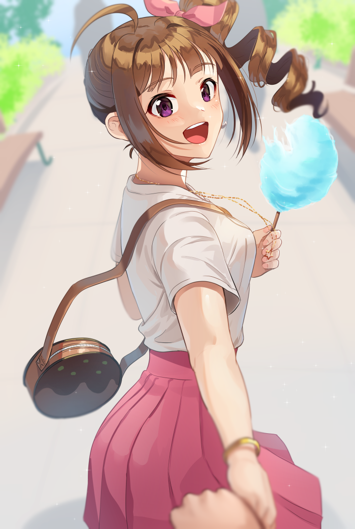 1girl ahoge bag bangs blurry blurry_background blurry_foreground bracelet brown_hair carrying commentary cotton_candy day depth_of_field drill_hair eyebrows_visible_through_hair food from_behind hair_ribbon handbag high-waist_skirt holding holding_food holding_hands idolmaster idolmaster_million_live! jewelry kamille_(vcx68) looking_at_viewer looking_back medium_hair miniskirt necklace open_mouth outdoors pink_ribbon pink_skirt pleated_skirt pov ribbon shirt short_sleeves side_drill side_ponytail sidelocks skirt smile standing violet_eyes white_shirt yokoyama_nao