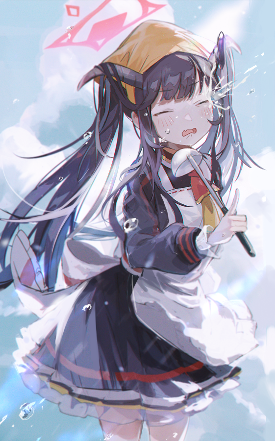 1girl black_hair blue_archive blush closed_eyes clouds commentary_request fuuka_(blue_archive) halo horns long_hair looking_at_viewer nuudoru open_mouth school_uniform sky solo splashing twintails water water_drop