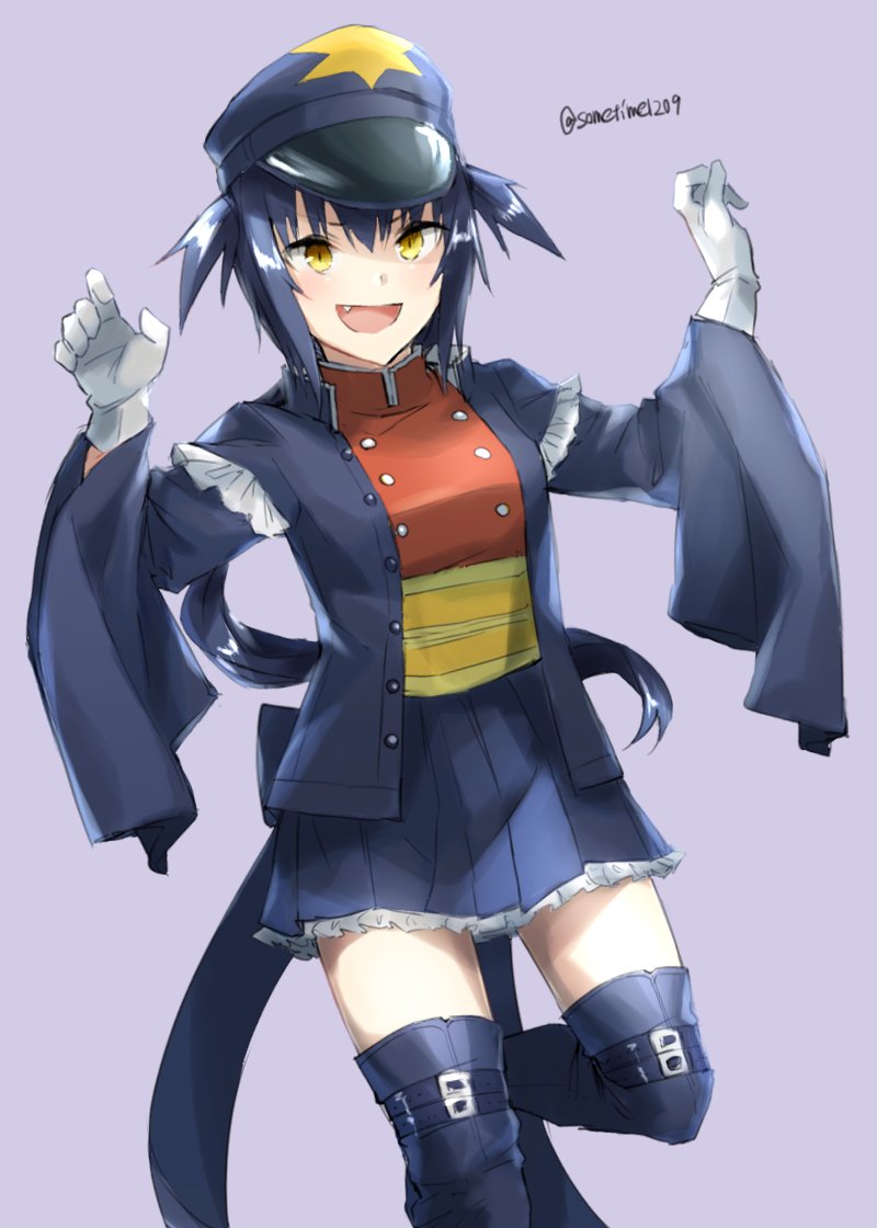 1girl blue_hair blue_skirt fang garchomp gen_4_pokemon gloves hat long_hair miniskirt open_mouth personification pink_background pleated_skirt pokemon ponytail skirt smile solo somechime_(sometime1209) thigh-highs twitter_username two_side_up white_gloves yellow_eyes