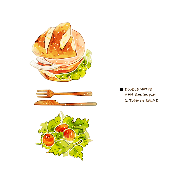 commentary cyannism english_commentary english_text food food_focus fork ham knife meat no_humans onion original salad sandwich simple_background tomato vegetable white_background