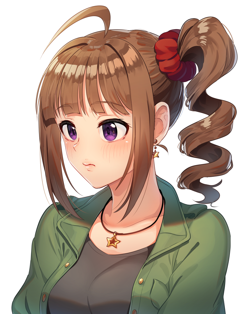 1girl ahoge bangs black_shirt blush closed_mouth drill_hair earrings eyebrows_visible_through_hair frown green_jacket hair_ornament hair_scrunchie idolmaster idolmaster_million_live! jacket jewelry kamille_(vcx68) looking_to_the_side medium_hair necklace open_clothes open_jacket portrait red_scrunchie scrunchie shirt side_drill side_ponytail sidelocks simple_background solo star_(symbol) star_earrings star_necklace violet_eyes white_background yokoyama_nao