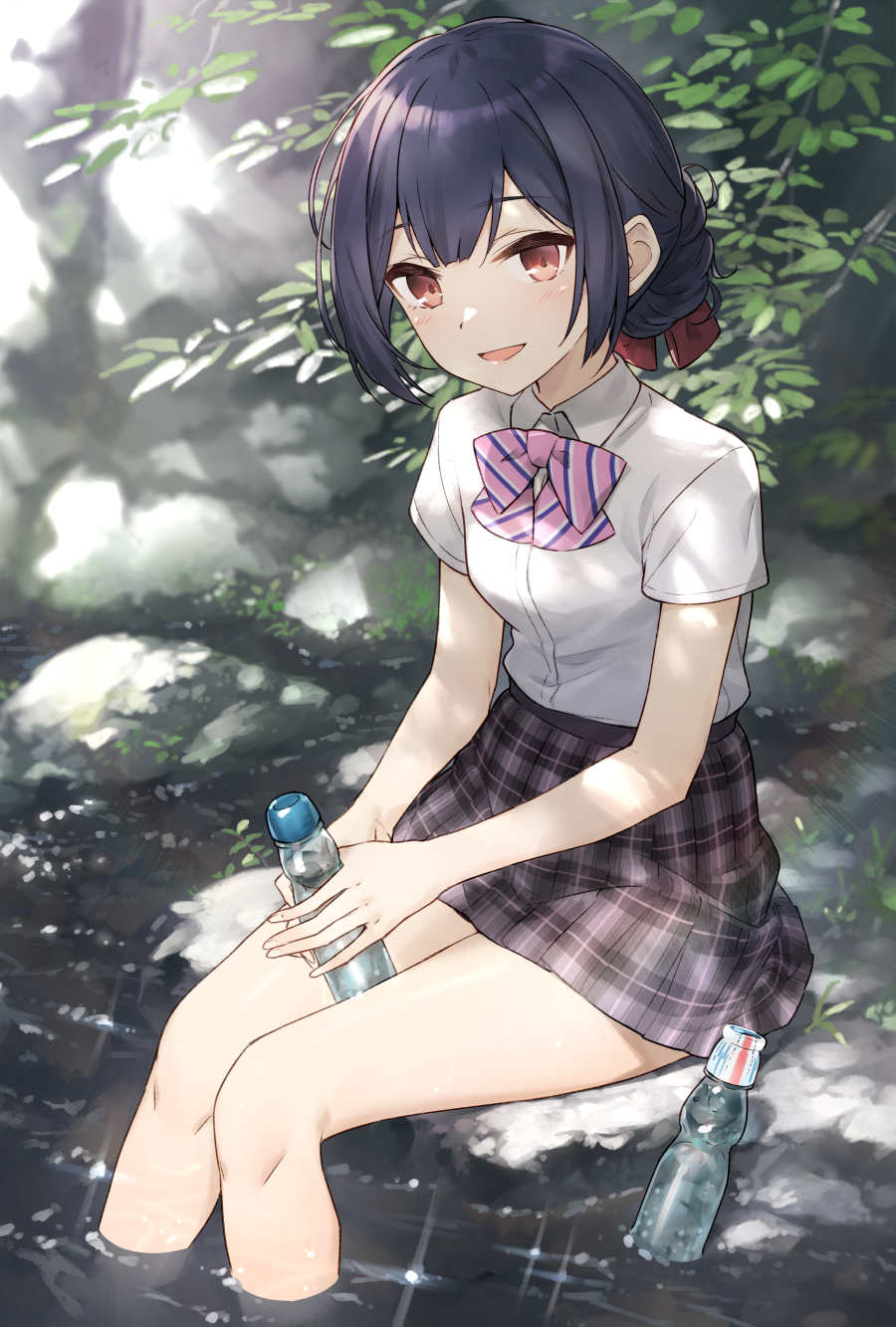 1girl :d bangs black_hair blush bottle bow breasts brown_skirt collared_shirt commentary_request day diagonal-striped_bow dress_shirt eyebrows_visible_through_hair hayashi_kewi highres holding holding_bottle idolmaster idolmaster_shiny_colors looking_at_viewer morino_rinze open_mouth outdoors pink_bow plaid plaid_skirt pleated_skirt ramune red_eyes river shirt sitting skirt small_breasts smile solo sparkle striped striped_bow water white_shirt