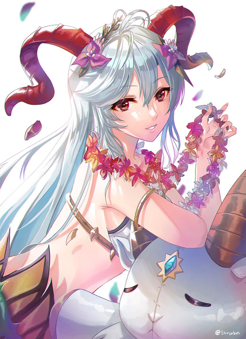 1girl alternate_costume armlet bangs bikini commentary curled_horns english_commentary eyebrows_visible_through_hair fingernails fire_emblem fire_emblem_heroes flower flower_necklace freyja_(fire_emblem) goat_horns hair_between_eyes hair_flower hair_ornament horns inflatable_toy jewelry lips long_hair looking_at_viewer necklace official_alternate_costume parted_lips petals pink_flower red_eyes red_horns shrwbn silver_hair smile solo stuffed_animal stuffed_toy swimsuit syn_(kuponutt) teeth toy twitter_username white_background white_bikini white_flower white_swimsuit