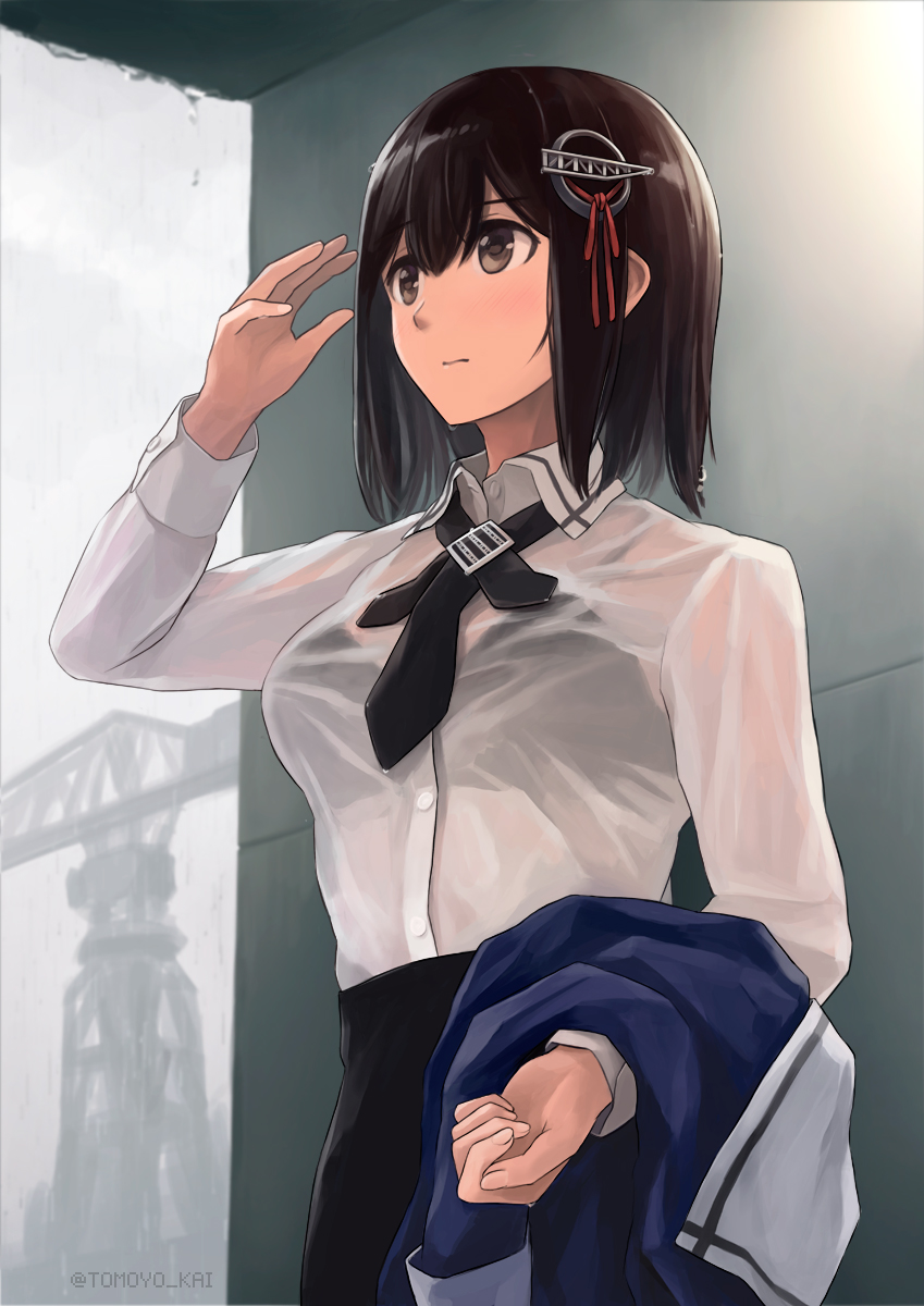 1girl black_bra black_hair black_neckwear black_skirt blush bra breasts brown_eyes collarbone collared_shirt crane_(machine) eyebrows_behind_hair eyebrows_visible_through_hair haguro_(kancolle) hair_between_eyes hair_ornament harbor highres jacket jacket_removed kantai_collection long_sleeves medium_breasts necktie purple_jacket rain remodel_(kantai_collection) see-through shirt short_hair skirt solo tomoyo_kai underwear wet wet_clothes white_shirt