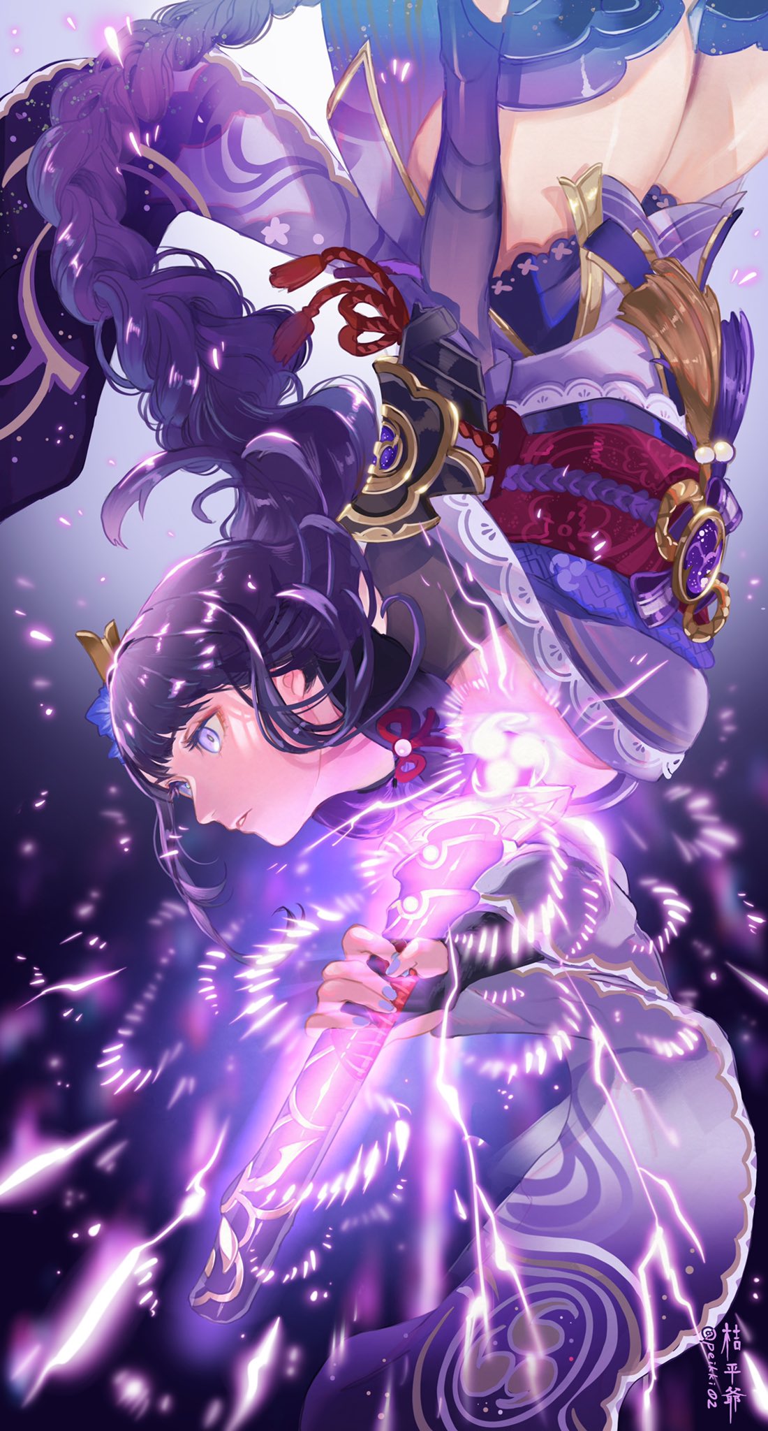 1girl armor bangs braid breasts commentary_request electricity flower genshin_impact hair_ornament highres holding holding_sword holding_weapon japanese_clothes kimono kippeijii large_breasts long_hair long_sleeves mitsudomoe_(shape) obi obiage obijime open_mouth parted_lips purple_flower purple_hair purple_nails raiden_(genshin_impact) ribbon sash shoulder_armor simple_background solo sword tassel tomoe_(symbol) violet_eyes weapon wide_sleeves